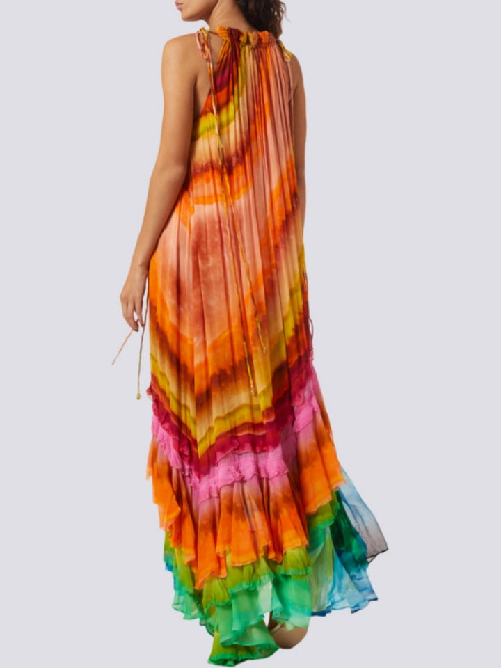 Rainbow Tie-Dye Halter Maxi Dress - Ruffled Chiffon Tiered Flowy Dress