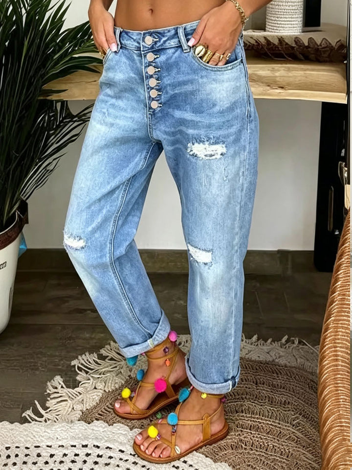 Blue Distressed Straight Leg Jeans