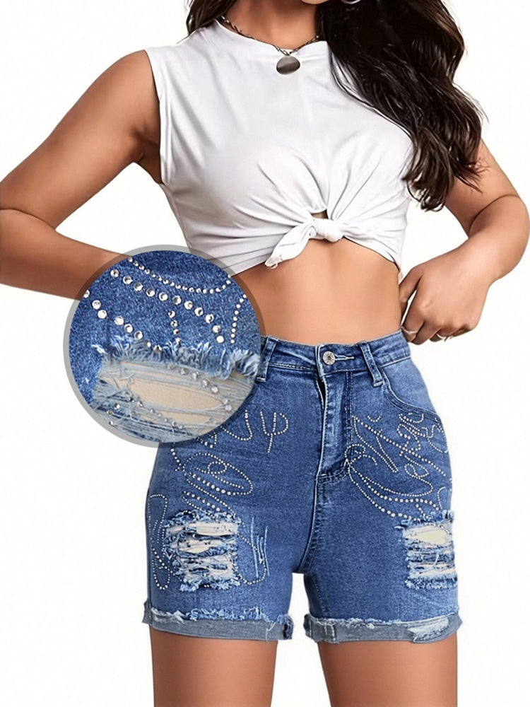 Women’s High Waist Rhinestone Denim Shorts