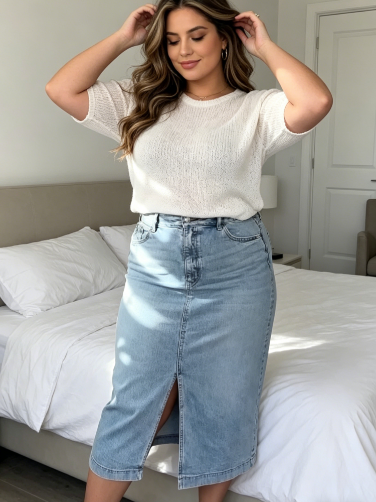 High Waisted Slit Denim Midi Skirt