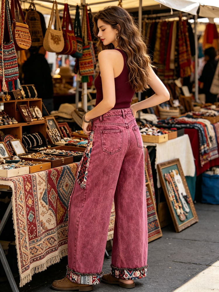 Bohemian Patchwork Barrel Jeans