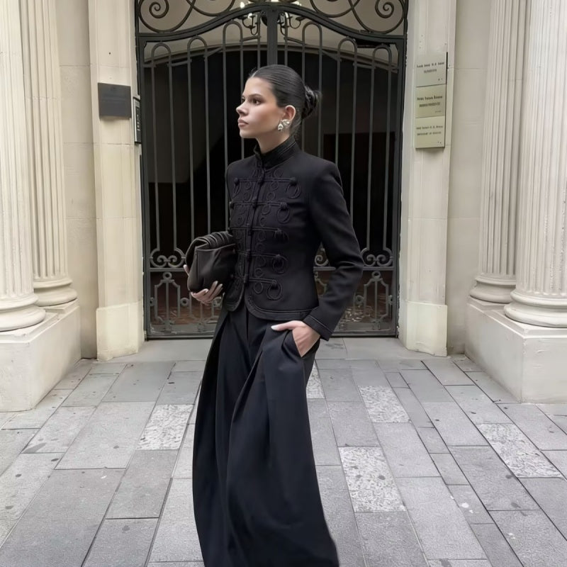 Black Half High Collar Toggle Button Cropped Jacket