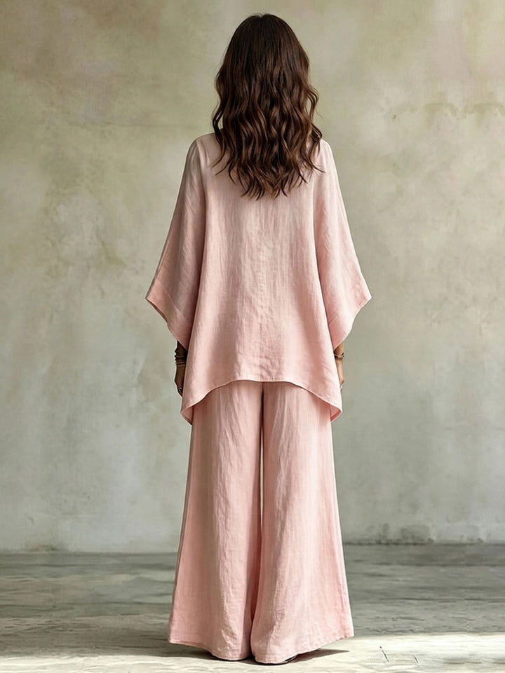 Embroidered V-Neck Top and Wide-Leg Pants Set