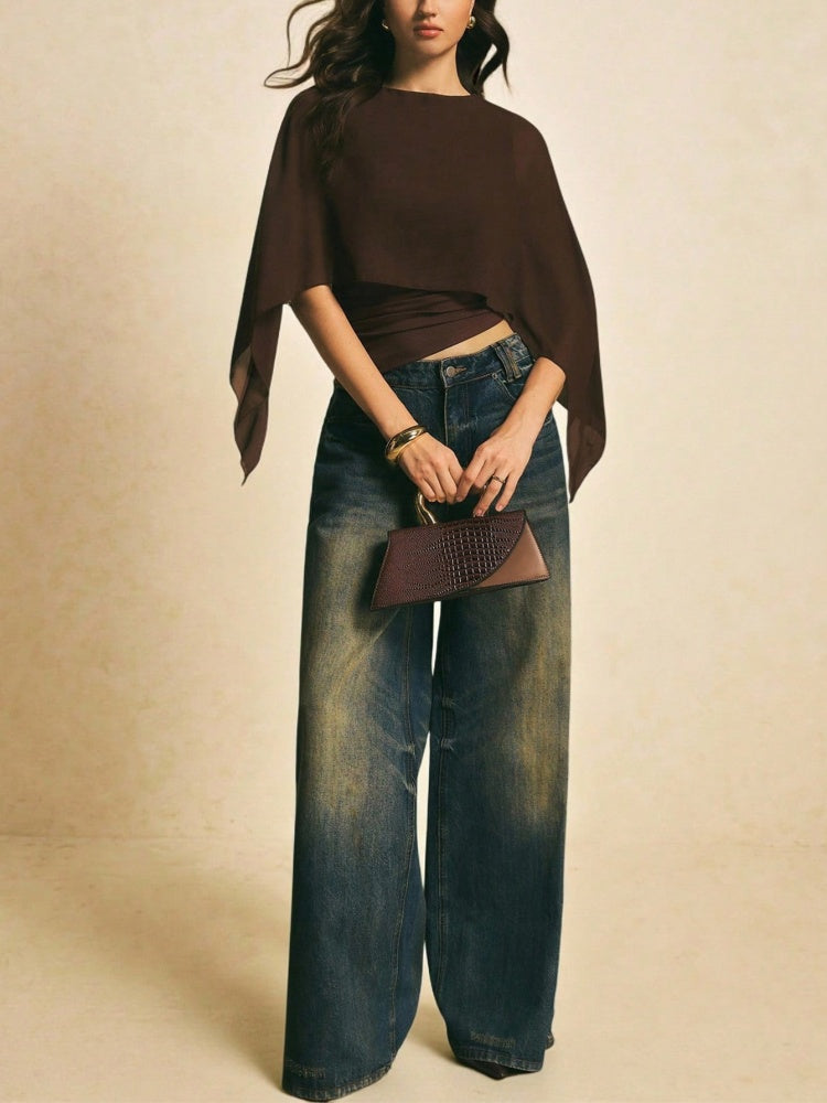 Brown Layered Chiffon Cape Top