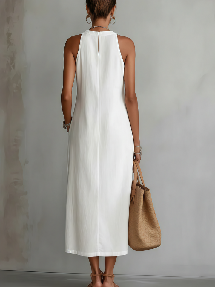 Lace-Trimmed Linen-Blend Halter Neck Midi Dress