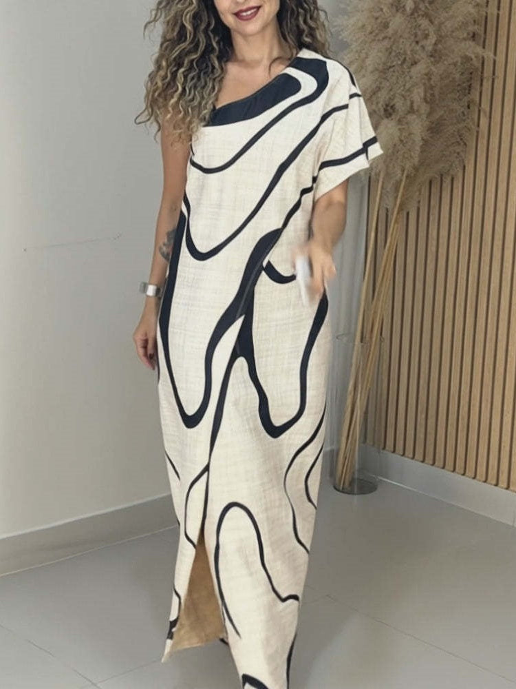 Abstract Wave Print One-Shoulder Maxi Dress