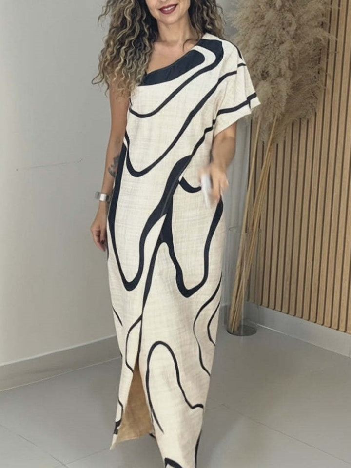 Abstract Wave Print One-Shoulder Maxi Dress