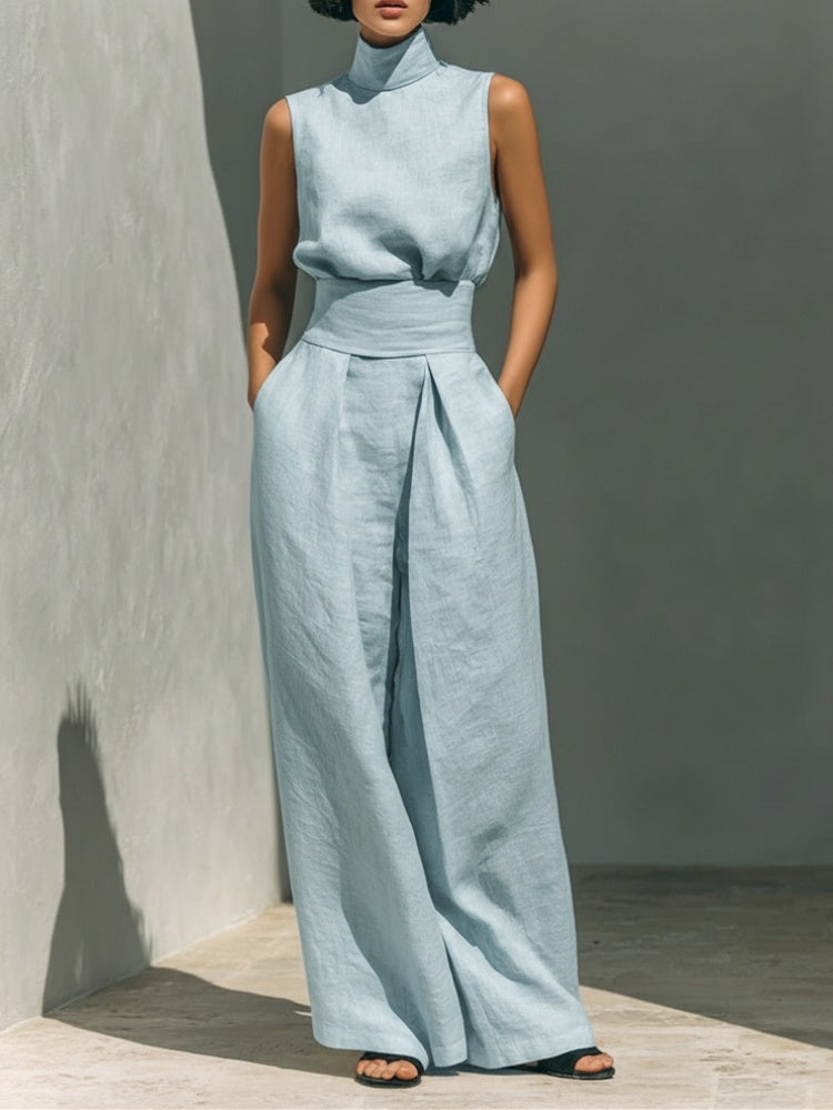 Solid color cotton linen sleeveless casual suit