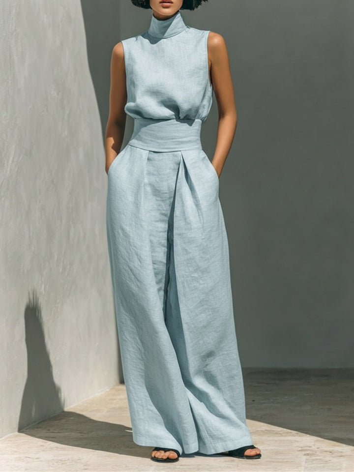 Solid color cotton linen sleeveless casual suit