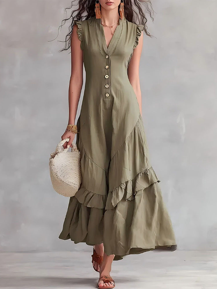 Elegant minimalist ruffled cotton linen sleeveless dress