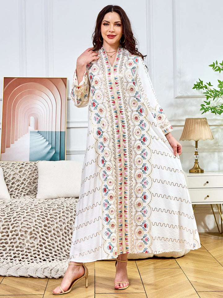Floral Embroidered Sequin-Trimmed Abaya Maxi Dress