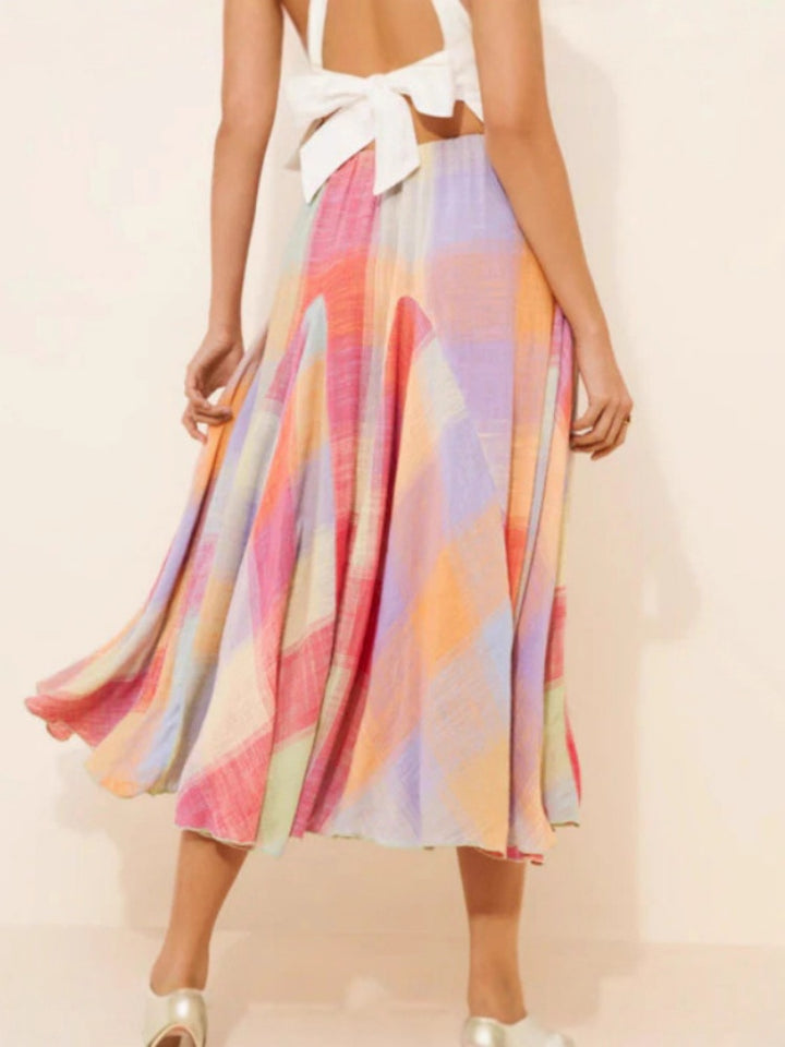 Vibrant Geometric Plaid A-Line Midi Skirt