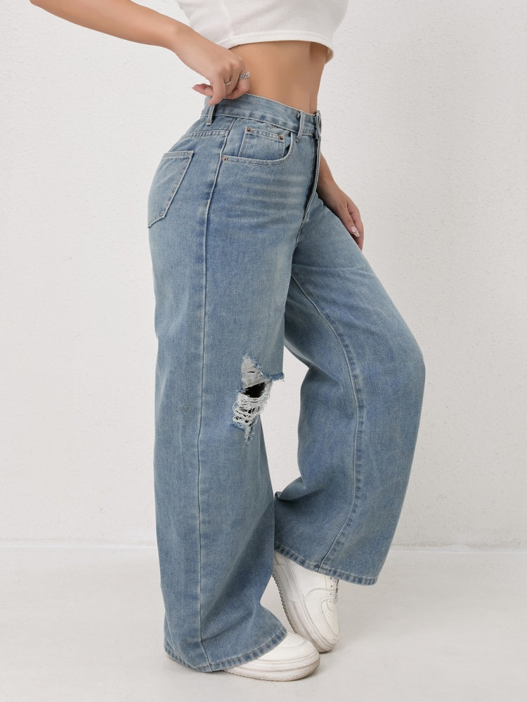 High Waist Hand Ripped Distressed Wide Leg Jeans