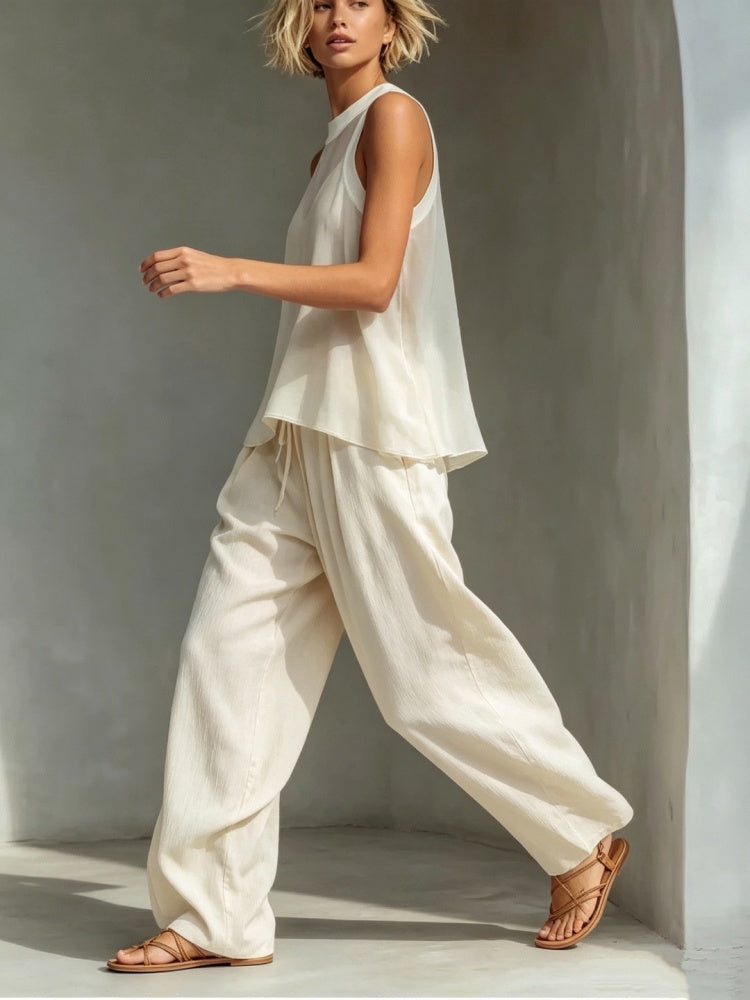 Linen Blend Sleeveless Halter Top &amp; Drawstring Wide Leg Pants Two-Piece Set