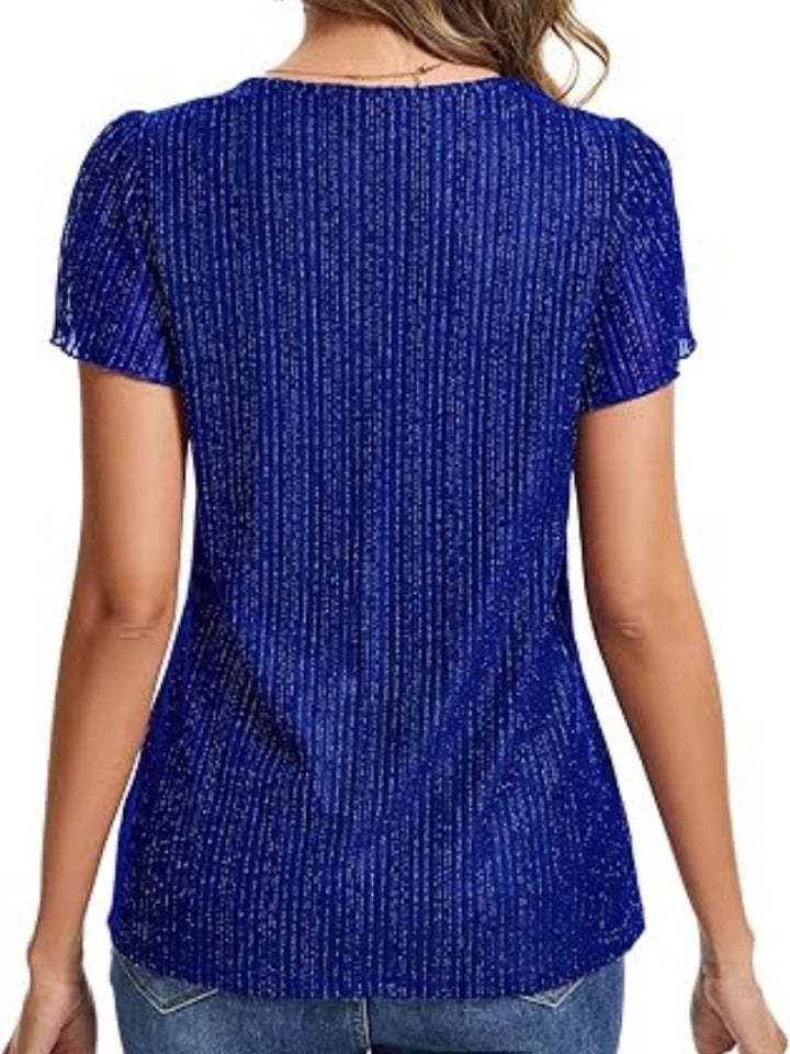 Shiny Pleated V-Neck Flutter Sleeve Top