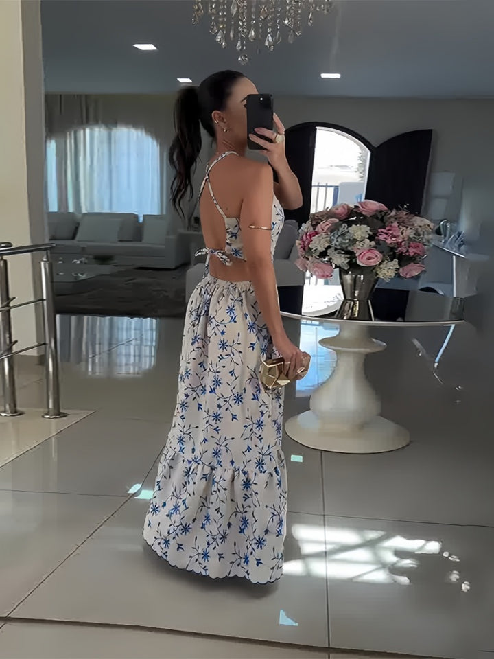 Blue Floral Halter Cutout Ruffle Maxi Dress