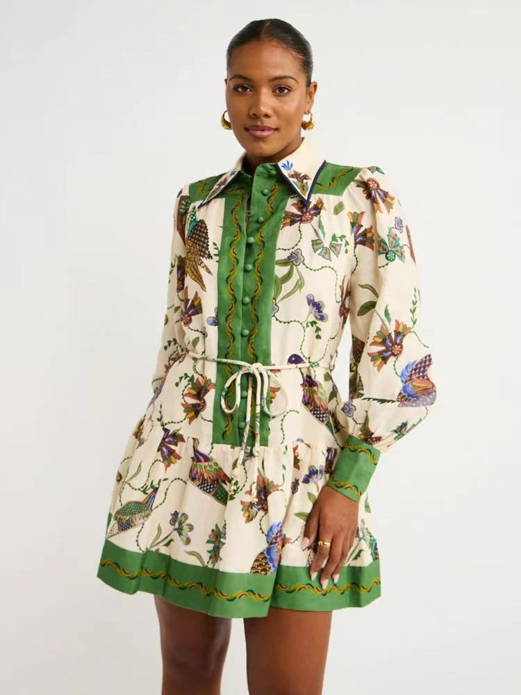 Vibrant Floral Peacock Print Puff Sleeve Belted Shirt Mini Dress