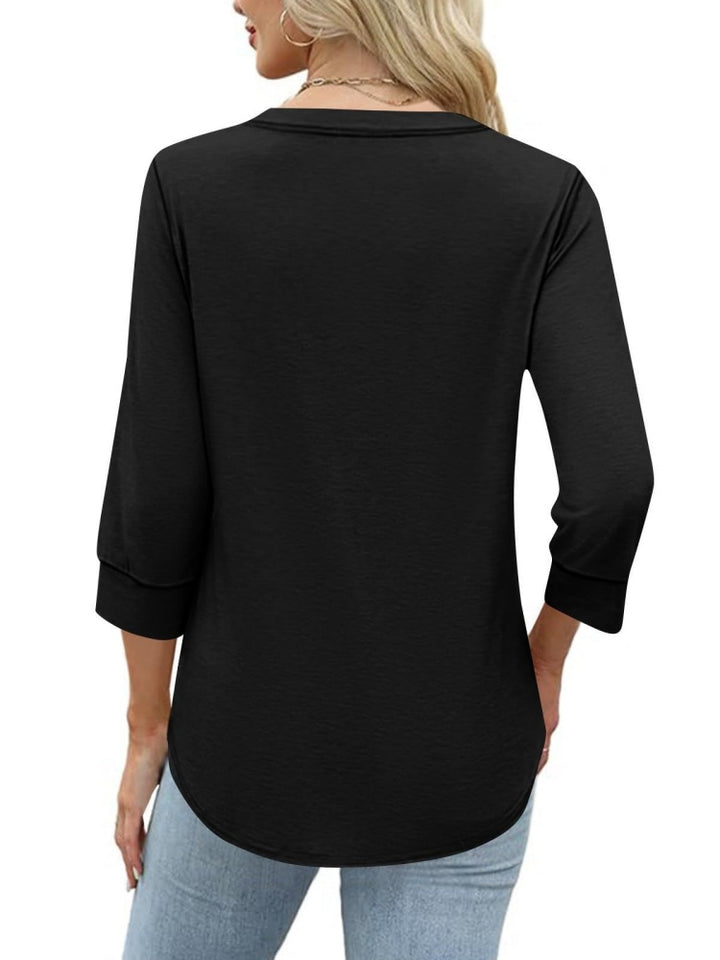 3/4 Sleeve V-Neck Henley Blouse