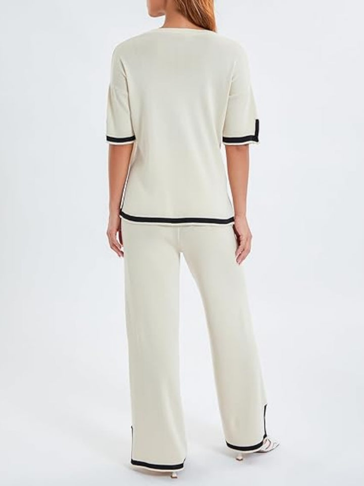 Contrast Trim Knit Short Sleeve Top &amp; Wide Leg Pants Set