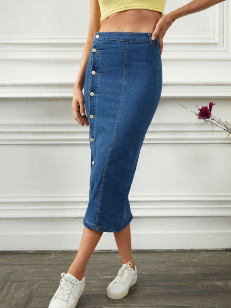 Button Front Denim Midi Skirt