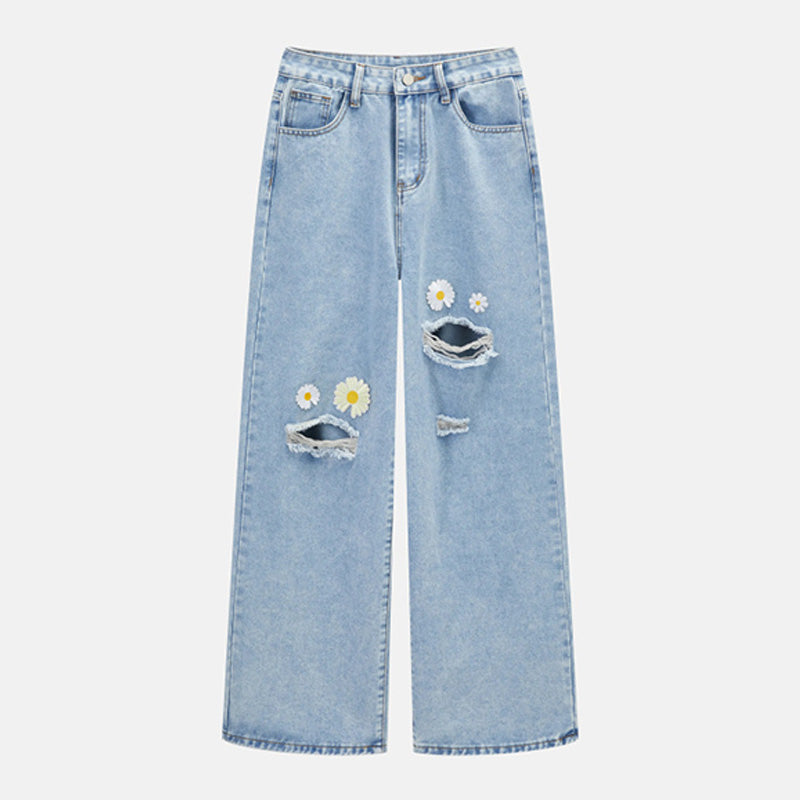 Daisy Embroidered Ripped Wide-Leg Jeans