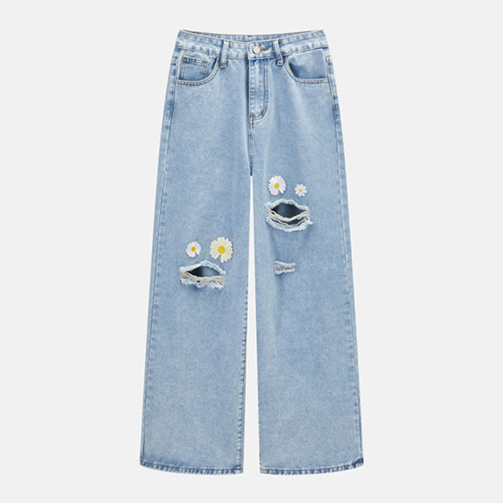 Daisy Embroidered Ripped Wide-Leg Jeans