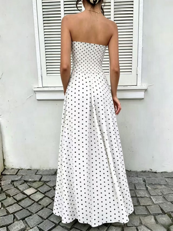 Strapless Ruched Polka Dot Flowy Maxi Dress
