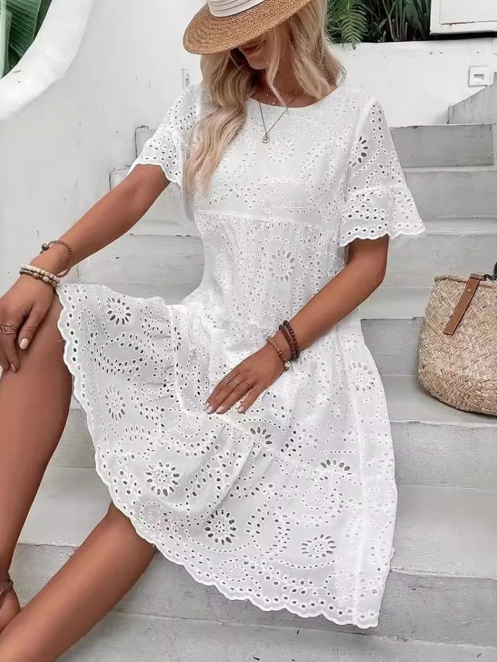 Eyelet Embroidery Flare Sleeve Tiered Midi Dress