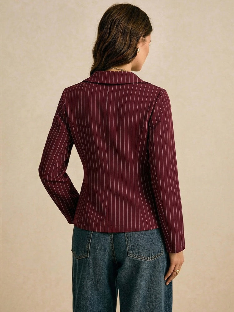 Burgundy Pinstripe Lace Trim Fitted Blouse