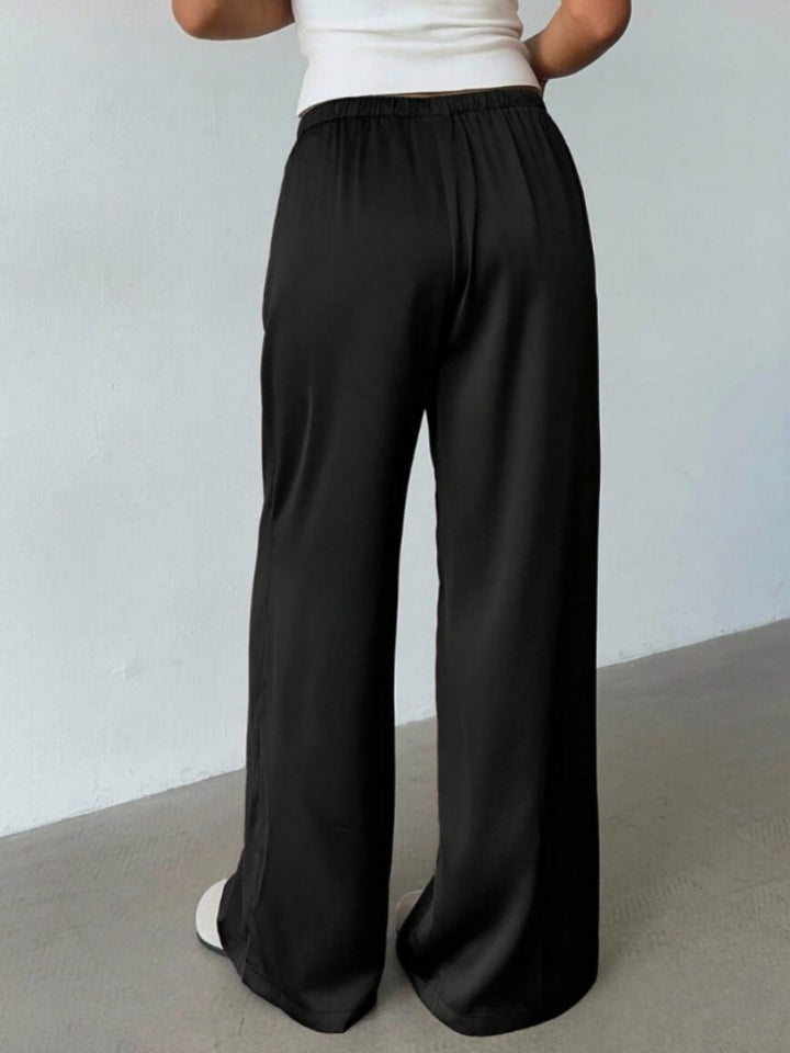 Satin High-Waisted Wide Leg Pants - Elastic Drawstring Flowy Trousers