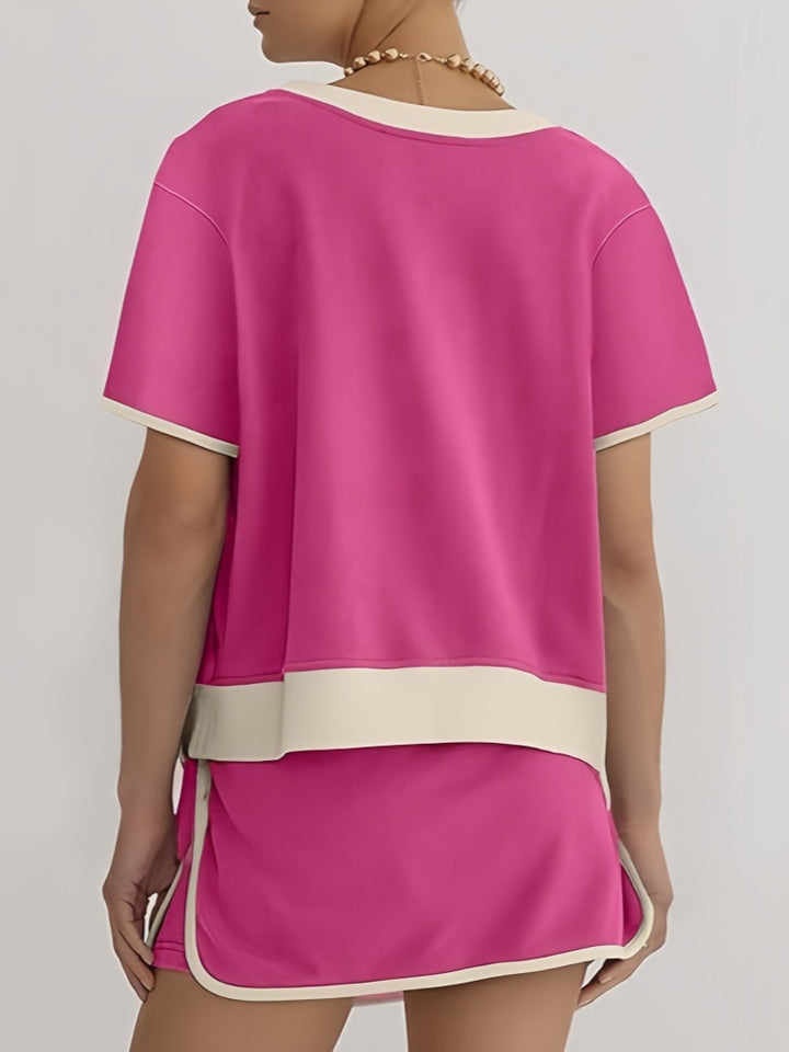 Contrast Trim Short Sleeve Top &amp; Mini Skirt Two-Piece Set