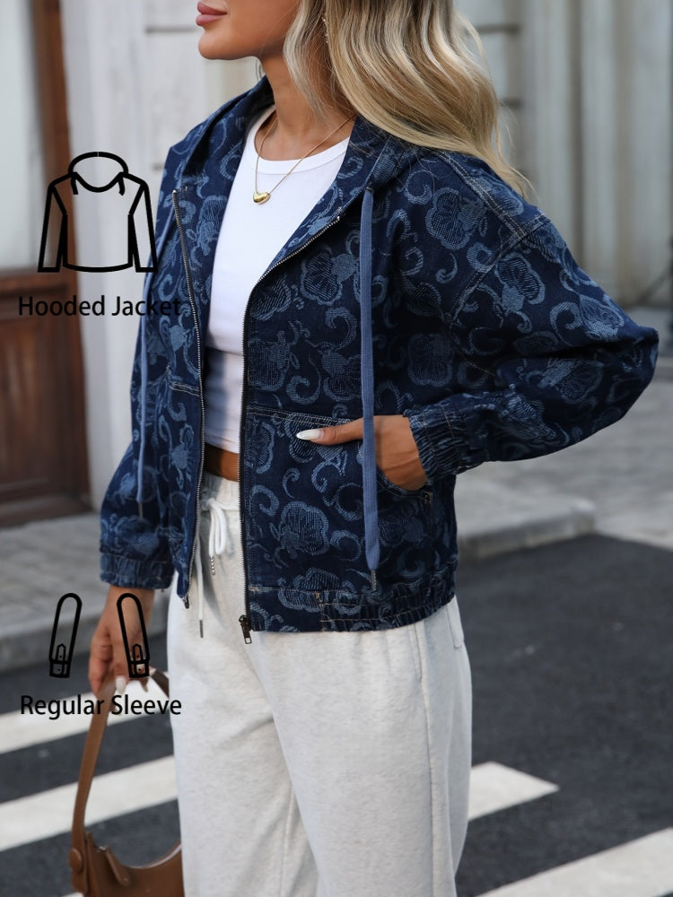 All Over Floral Jacquard Hooded Denim Zip Jacket