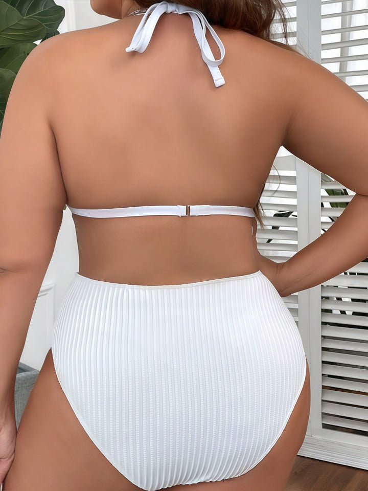 Plus Size Pearl Strap Ribbed Deep V Bikini Set