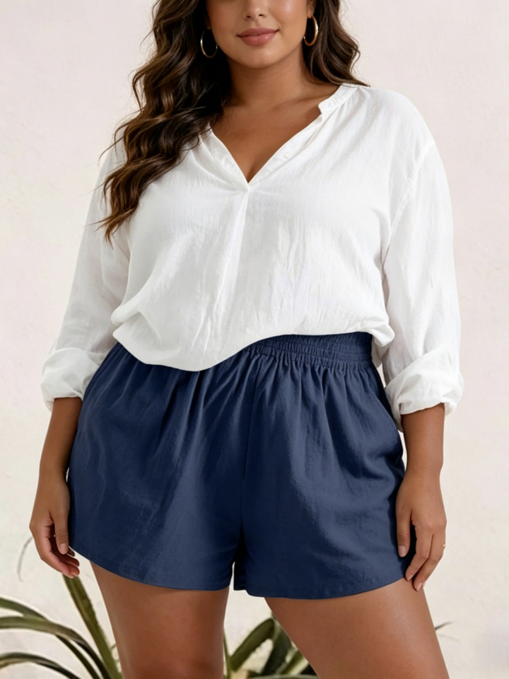 High Waisted Elastic Waist Linen Blend Shorts