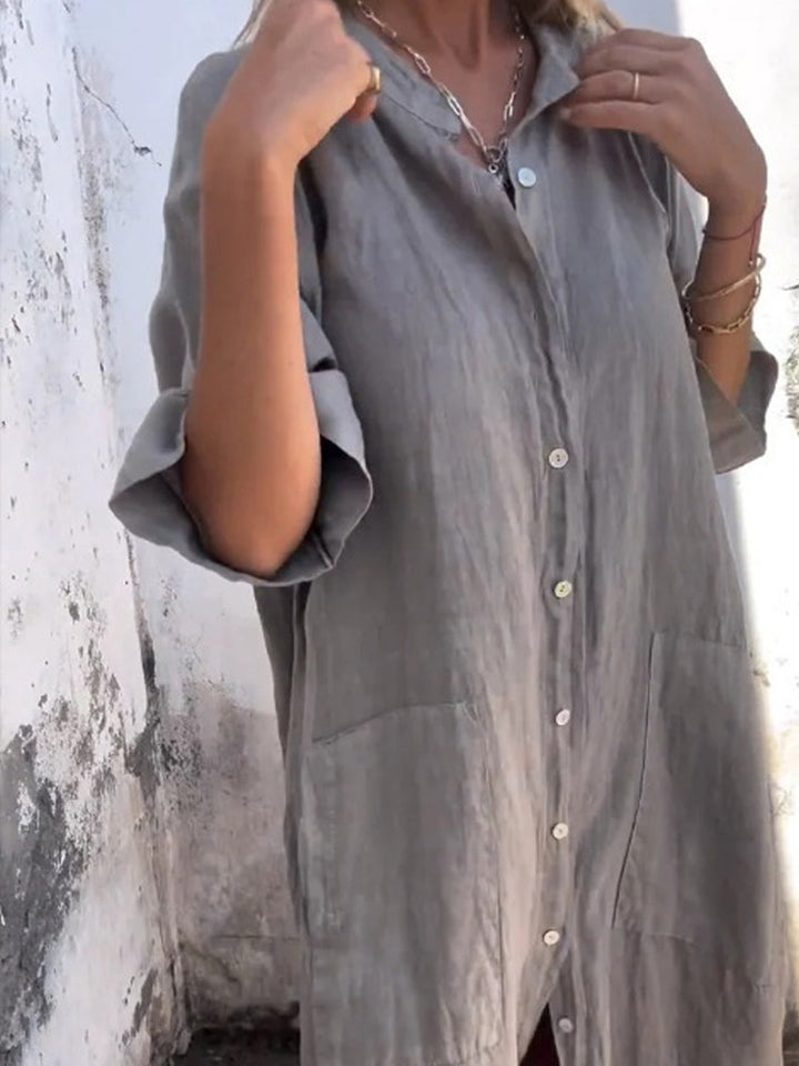 Loose-fitting casual mid-sleeve cotton linen shirt dress