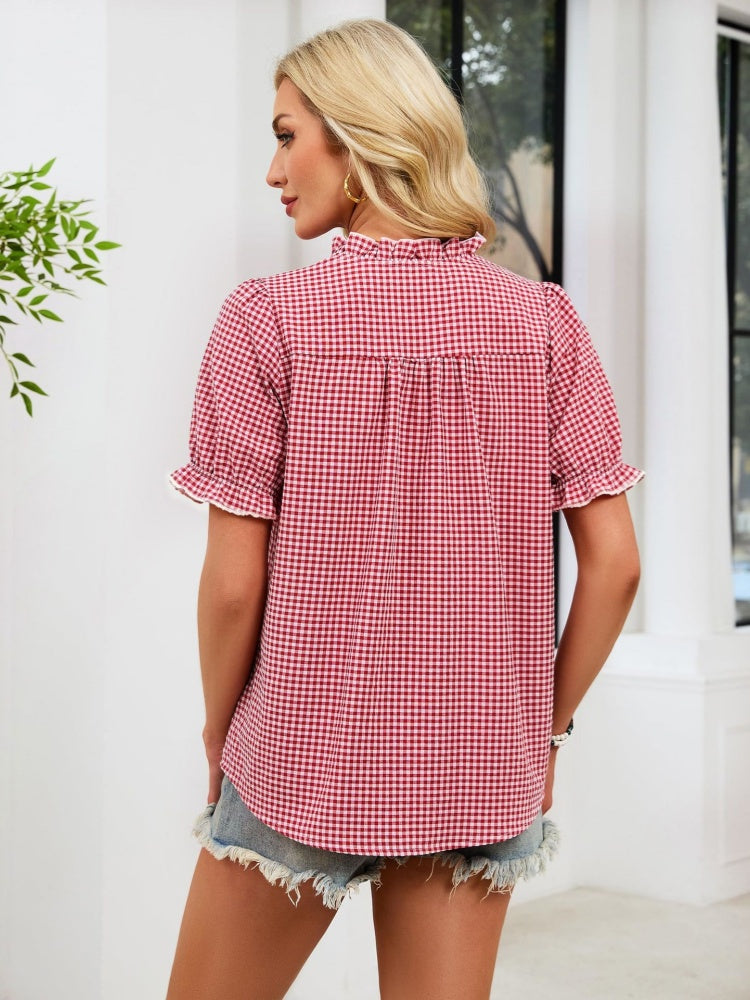Gingham Check Ruffled Neck Short Sleeve Blouse