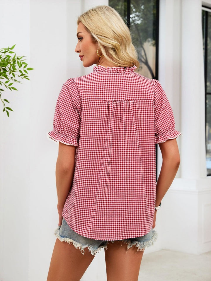 Gingham Check Ruffled Neck Short Sleeve Blouse