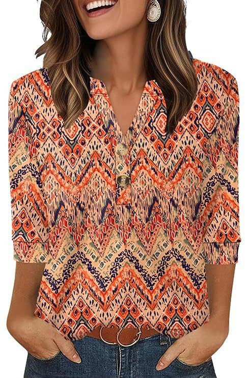 3/4 Sleeve V-Neck Henley Blouse