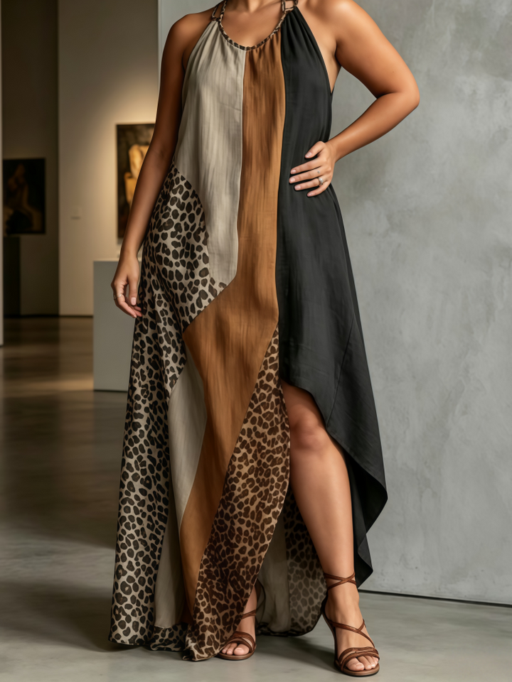 Leopard Print Color Block Halter Maxi Dress
