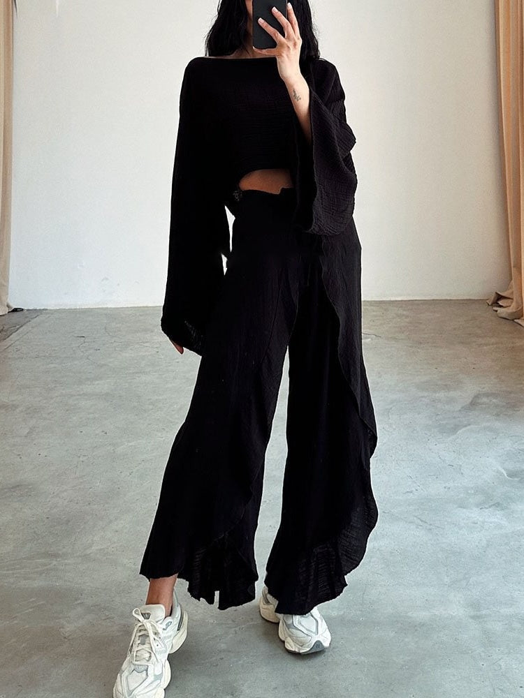 Crinkled Texture Long Sleeve Crop Top &amp; Wide Leg Pants Set