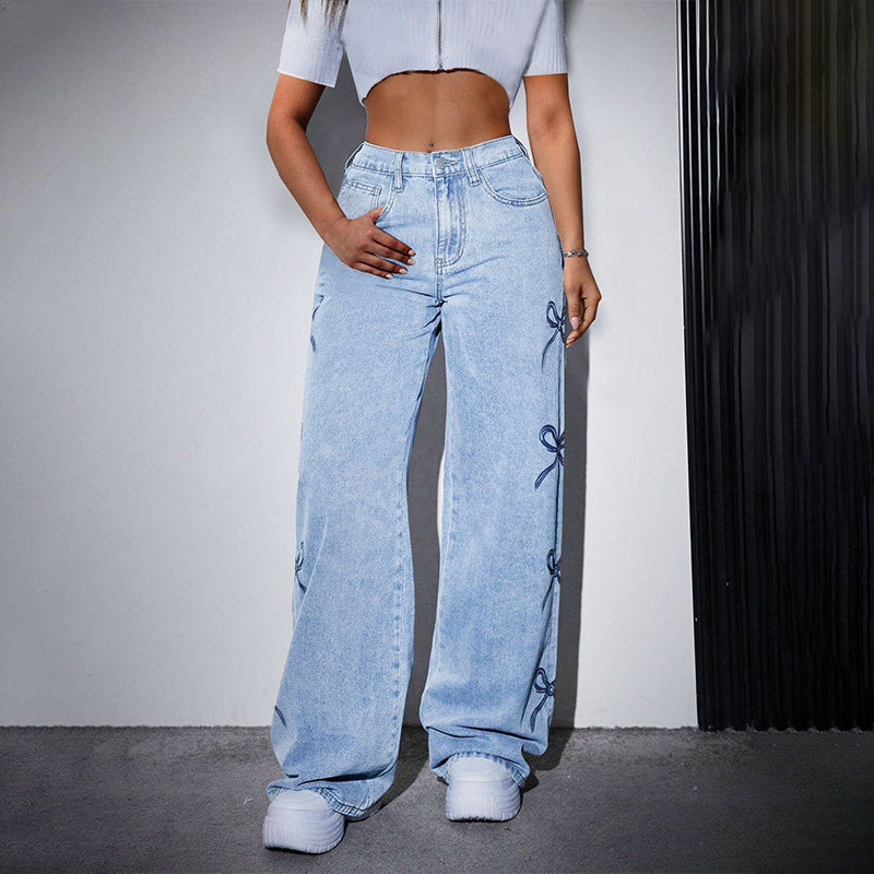 Casual high-waisted butterfly print jeans