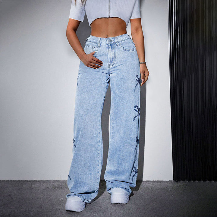 Casual high-waisted butterfly print jeans