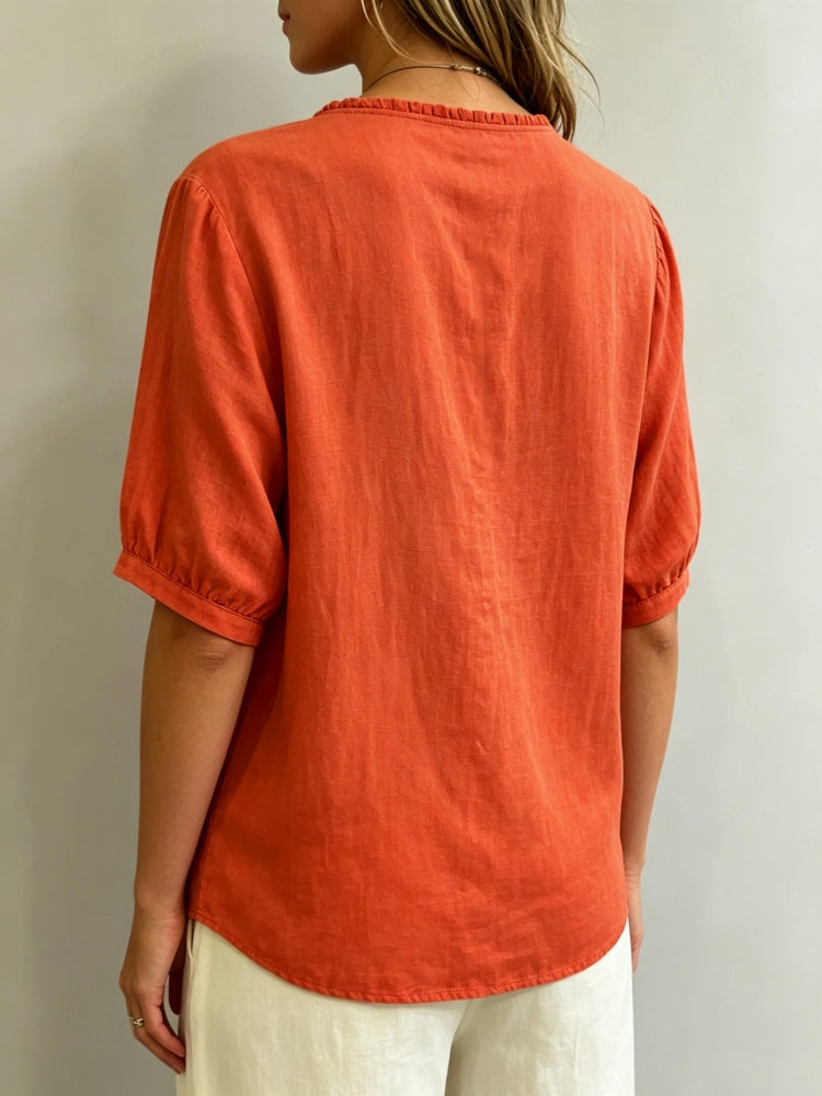 Linen Blend Ruffled Neck Puff Sleeve Button-Down Blouse