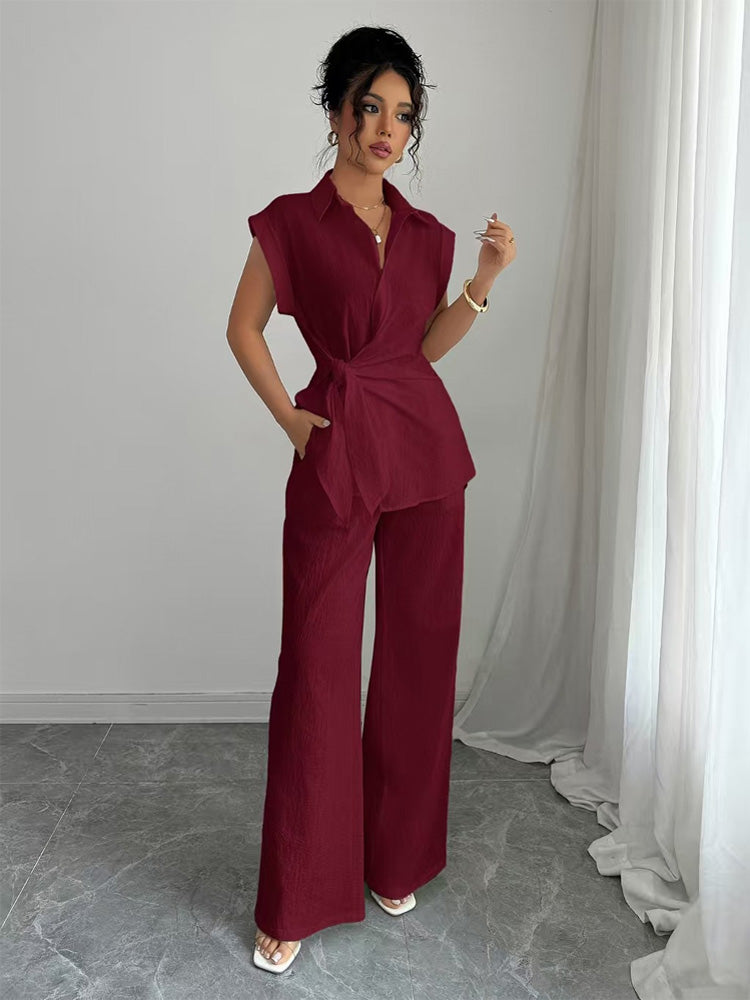 Tie-Waist Sleeveless Shirt &amp; Wide Leg Pants Set