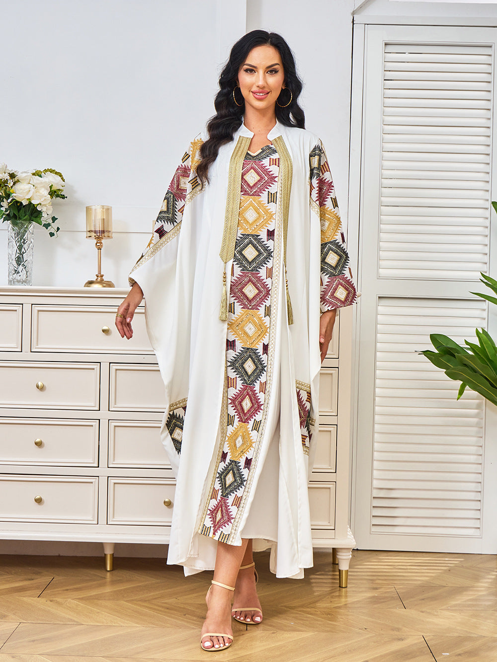Geometric Embroidered Open-Front Abaya with Inner Dress