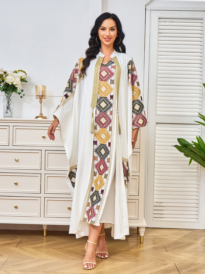 Geometric Embroidered Open-Front Abaya with Inner Dress