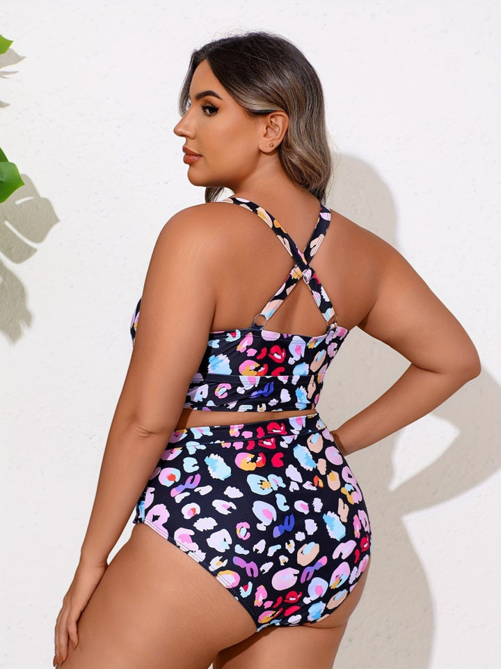 Plus Size Colorful Leopard Print Criss Cross Bikini Set