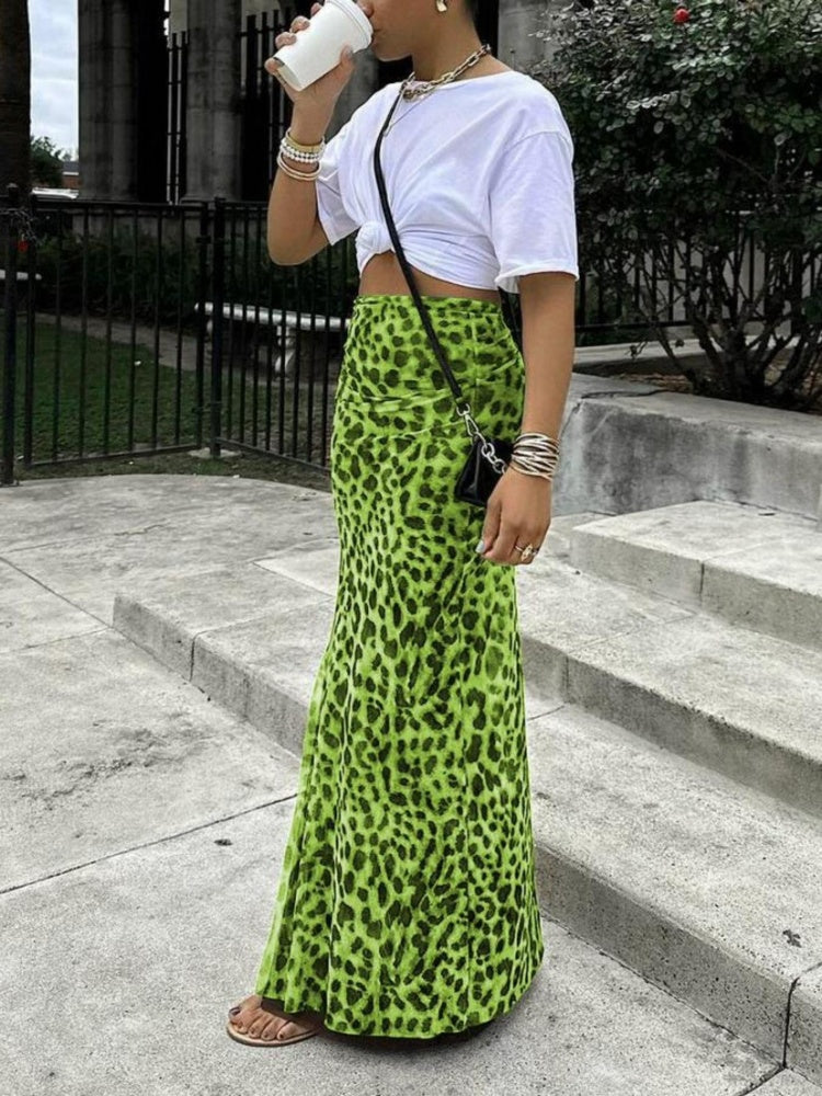 Leopard Print Mesh Mermaid Maxi Skirt