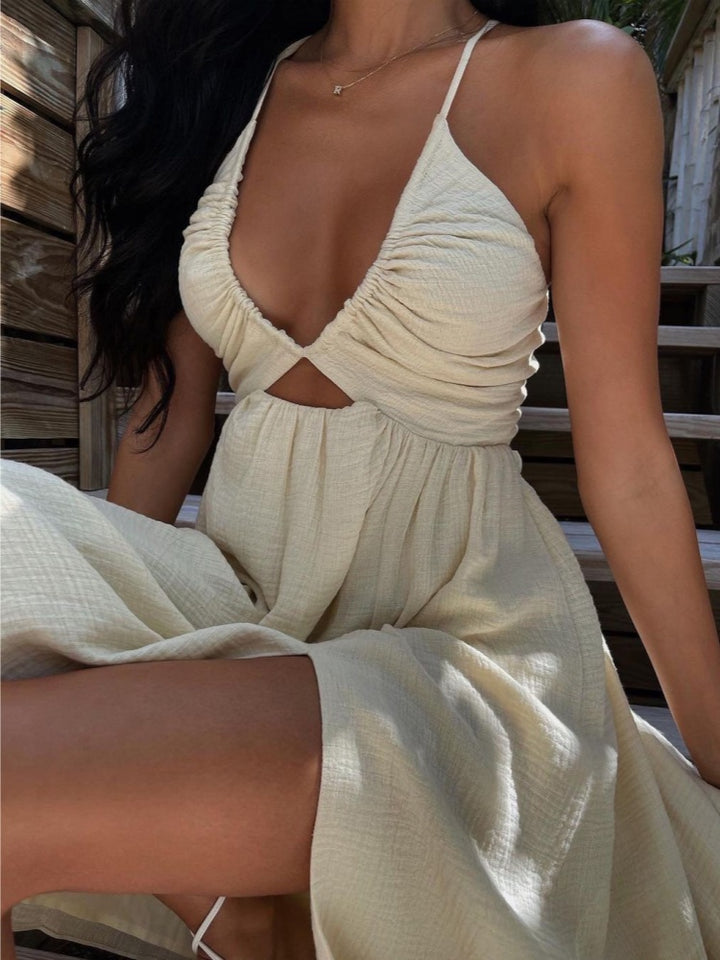 Spaghetti Strap Cutout Backless Split Midi Dress