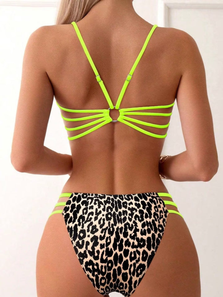 Leopard Print Lattice Side Cutout Bikini Set